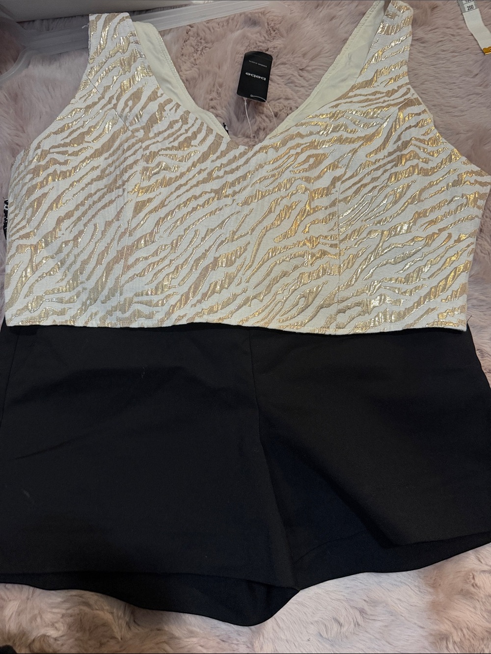 3 pieces Bundle Gold Zebra Jacquard Top -  Black shorts and Romper.